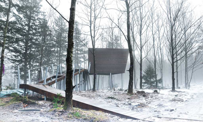 森林小木屋的雪景
